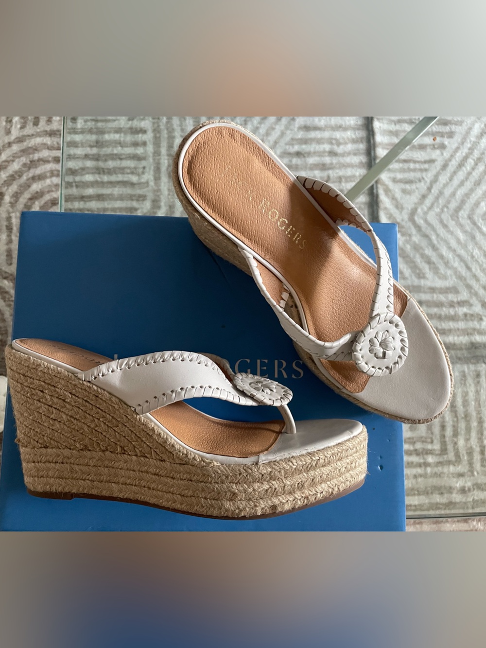 NIB Jack Rogers Slide Wedge Espadrille Sandals. White Leather sz 8.5